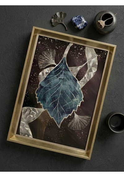 Ginkgo Yaprağı Desenli Dekoratif Tepsi & Çerceveli Çay Kahve Sunum Tepsisi