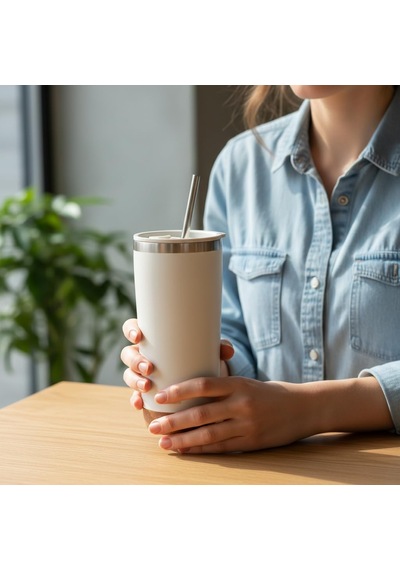590 Ml Paslanmaz Çelik Pipetli Termos Kupa - 4 Renk Seçeneği Siyah, Yeşil, Gri, Mavi - Sıcak Ve Soğuk Tutan Mug - Araç Ve Ofis Bardağı Krem Çok Renkli
