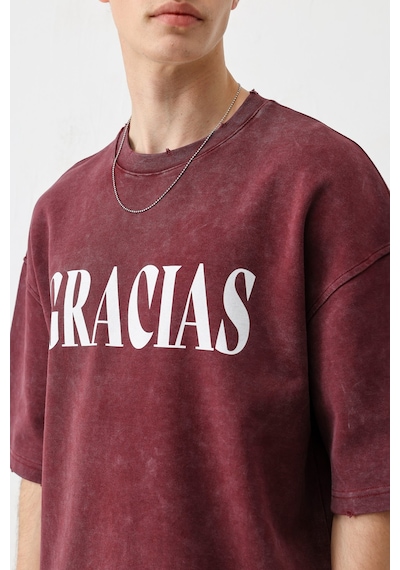 Vamos Oversize Baskılı Tişört V70-143 Bordo