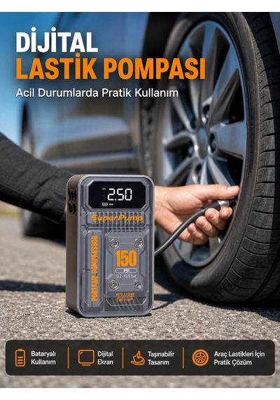 Kargo 150 Psı Kablosuz Dijital Ekranlı Taşınabilir Araç Lastik Pompası Najmaddin