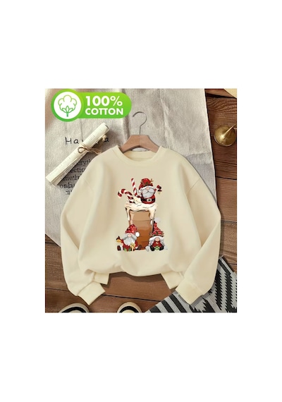 Herkesemoda Christmas Theme Baskı Detaylı Bisiklet Yaka Sweatshırt Bej
