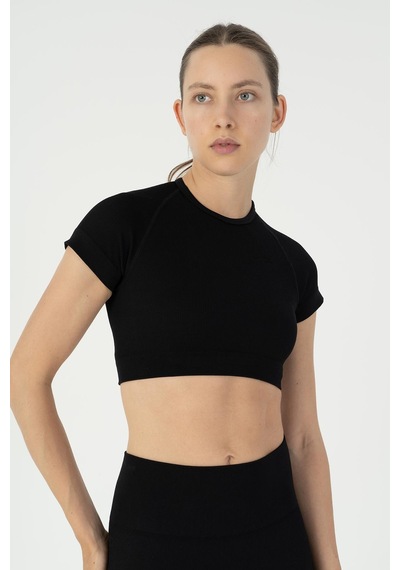 Maraton Slimfit Kadın Bisiklet Yaka Siyah- Crop Top Siyah-