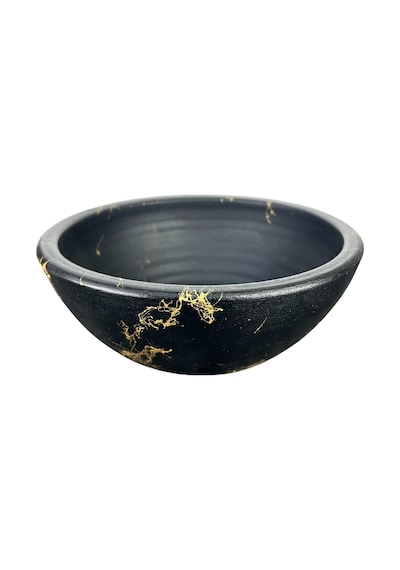 Bitki Tasarımı Siyah Üzeri Gold Mermer Efektli Toprak Saksı 20 Cm