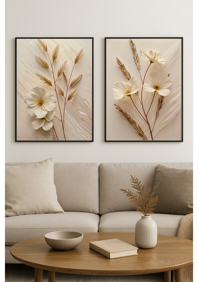 Stillbloom - Gerçek Cama Baskılı Siyah Alüminyum Metal Çerçeveli 2'li Set Dekoratif Cam Tablo