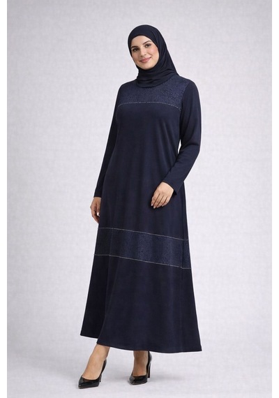 Hira Life Fashion Kadın Önü Desenli Taş Detaylı Düz Tessetür Elbise Lacivert Lacivert