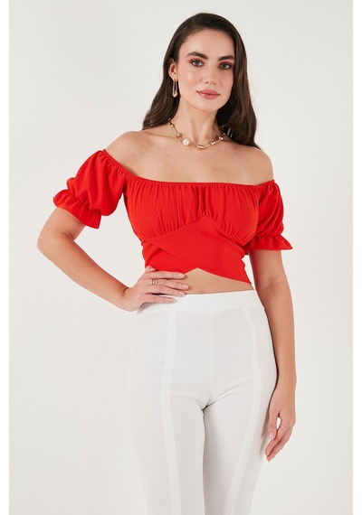 Lela Regular Fit Madonna Yaka Bağlama Detaylı Crop Bayan Bluz 6527017 Nar Çiçeği
