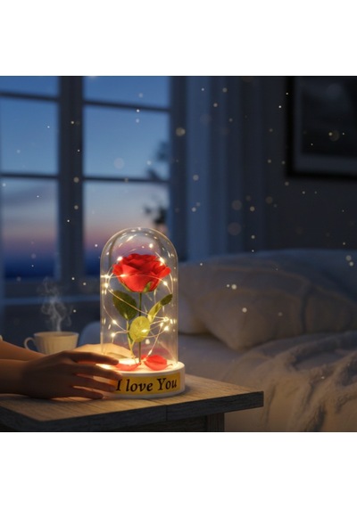 Gül Yapraklı Ledli Gül Fanus