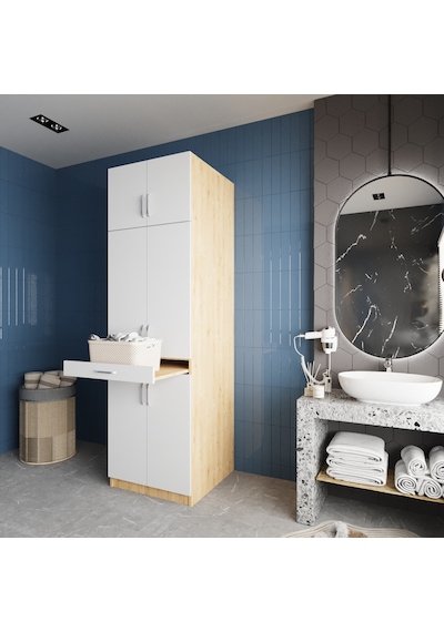 Piramit Çamaşır Ve Kurutma Makinesi Dolabı Banyo Dolabı Meşe Beyaz Beyaz - Meşe Piramit Çamaşır Ve Kurutma Makinesi Dolabı Banyo Dolabı Meşe Beyaz Beyaz - Meşe