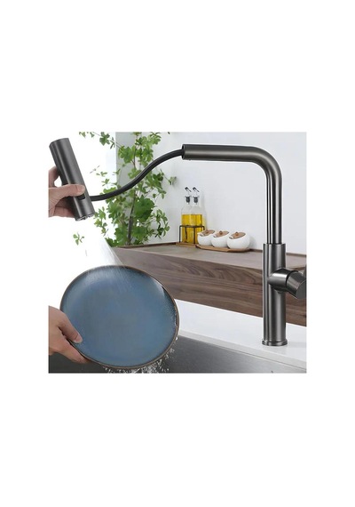 Rena Design Çok Modlu Antrasit Mutfak Evye Bataryasi Spiralli Çek Birak Başlik Yağmurlama Anrasit