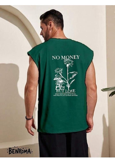 No Money But Love Baskılı Kolsuz Tişört Yeşil