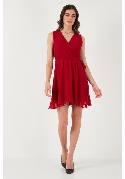 Lela Regular Fit Kruvaze Yaka Bağlama Detaylı Şifon Mini Boy Bayan Elbise 6789075 Kırmızı