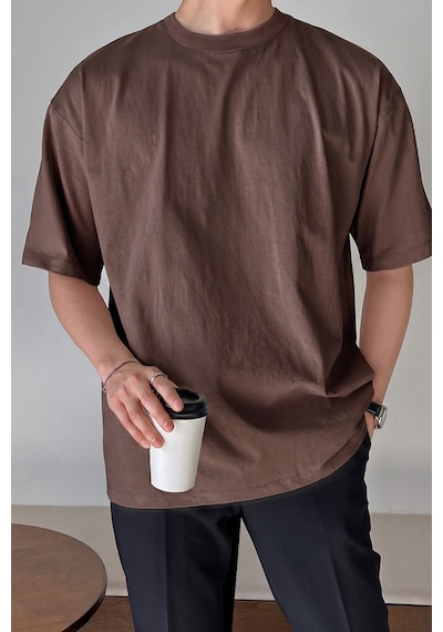 Genius Store Erkek Oversize Tişört Pamuk Kumaş Bisiklet Yaka Rahat Kalıp T-shirt Kahverengi
