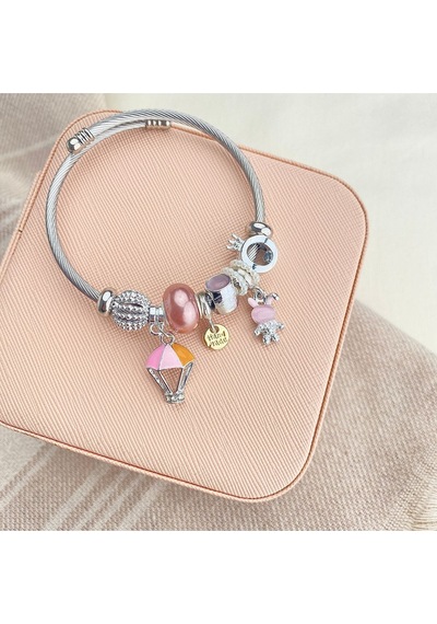 Charm Bileklik Tavşan Uçan Balon Figürlü Çelik Bileklik Gümüş Pembe Gümüş