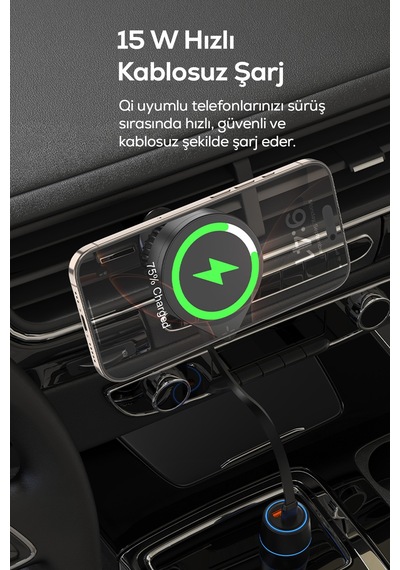 Kablosuz Araç Şarjı Ve Tutucu 15w, Manyetik, Geri Çekilebilir Kablo, 360 , 99g V0106001