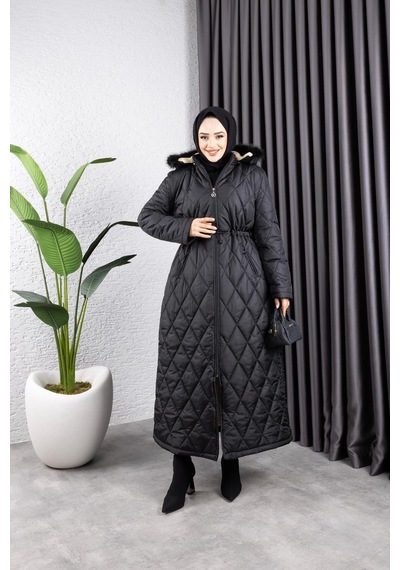 Harman Butik Kadın Uzun İçi Kürklü Kapişonlu Kapitone Mont Siyah Siyah
