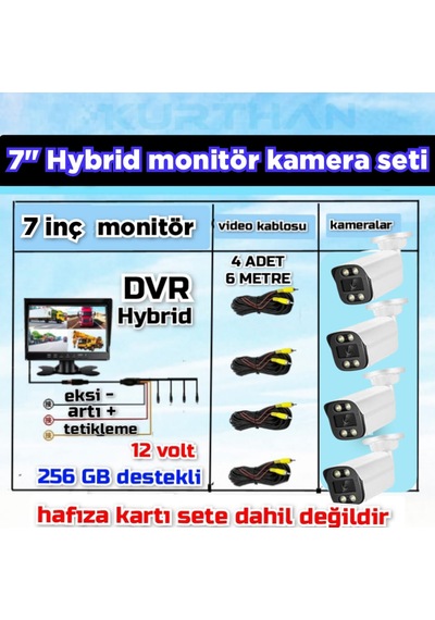 Tarımsal Araçlara 4 Adet Ahd 2 Mp Warm Ledli Kamera 7 İnç Qled Ips 256 Gb Dvr Monitör 12 Volt