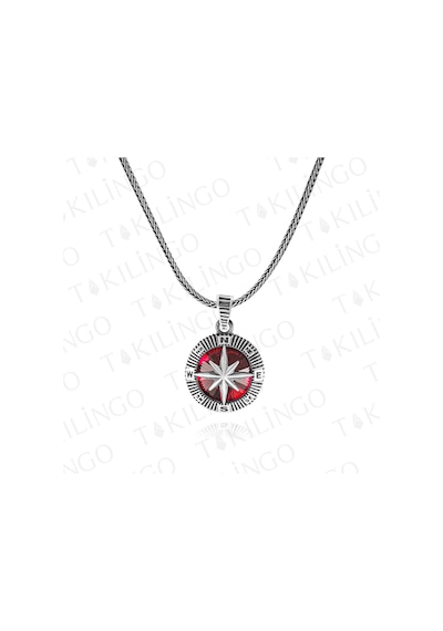 Takılingo 925 Ayar Gümüş Küçük Kırmızı Zirkon Taşlı Pusula Model Erkek Kolye Gümüş