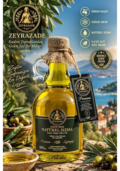 Zeyrazade Soğuk Sıkım Natürel Sızma Zeytinyağı 500 Ml Salata Ve Son Dokunuş Gurme İçin Uygundur.