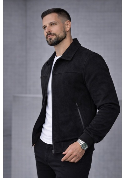 Baselco Basic Slim Fit Polo Yaka Süet Ceket Siyah