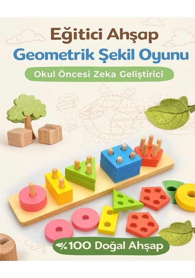 Doğal Ahşap Eğitici Oyuncak Dikdörtgen 5'li Sütun Geometrik Şekil Ahşap Oyuncak Geliştirici Oyuncak