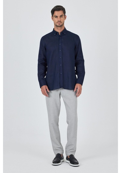 İmza Uzun Kol Düz Keten Düğmeli Yaka Cepsiz Casual Comfort Fit Gömlek 1004250114 Koyu Lacivert İmza Uzun Kol Düz Keten Düğmeli Yaka Cepsiz Casual Comfort Fit Gömlek 1004250114 Koyu Lacivert