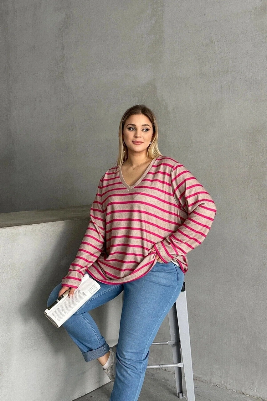 Mamayaga Kadın V Yaka Büyük Beden Oversize Kalıp Geniş Tunik Boy Yırtmaçlı Çizgili Uzun Kol Curve Yumoş Bluz Pembe