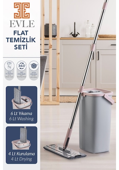 Lavine Premium Flat Mop Seti Gri, Su Tahliyeli Kova, Paslanmaz Çelik Sap