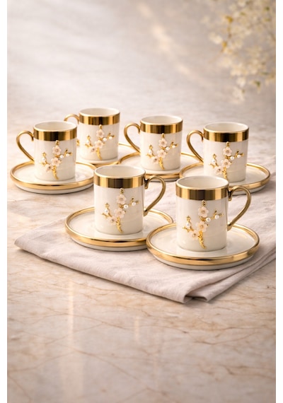 6 Kişilik Lüks Beyaz Gold Yaldızlı İnci Lotus Dallı Kahve Fincan Takımı Seti 100ml Altın - Beyaz