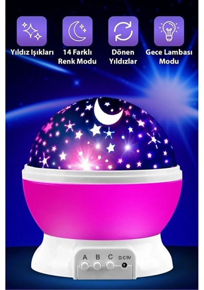 Ay Ve Yıldızlı Gökyüzü Yansıtmalı Dönen Projeksiyon Gece Lambası- Çocuk Bebek Odası Pembe