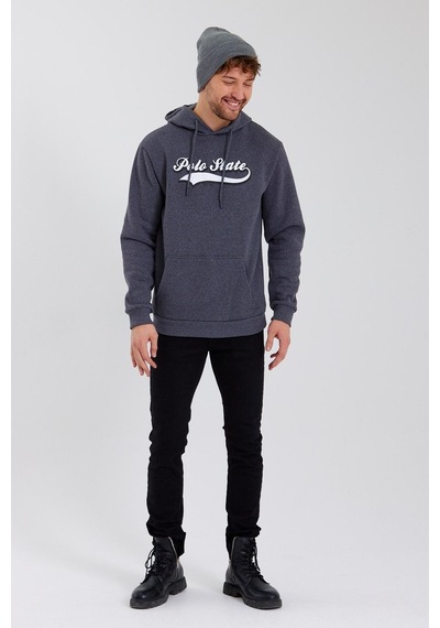 Polostate Erkek Baskılı Kapüşonlu 3 İplik Sweatshirt Antrasit