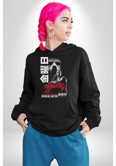 13. Cuma Korku Film Kadın Erkek Siyah Kapüşonlu Sweatshirt Hoodie Siyah