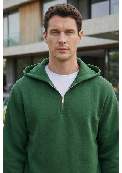 Tudors Unisex Relax Fit Rahat Kesim Pamuklu İçi Polarlı Yarım Fermuarlı Yeşil Kapüşonlu Sweatshirt-37026