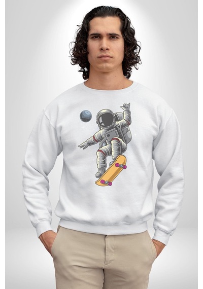 Atronot Kaykay Uzay Mars Unisex Beyaz Baskılı Sweatshirt Beyaz