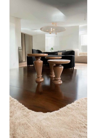 Ahşap Mantar Sehpa 3 Lü Set Kahverengi Renk Yan Sehpa Takımı - Coffee Table - Zigon Sehpa Kahverengi