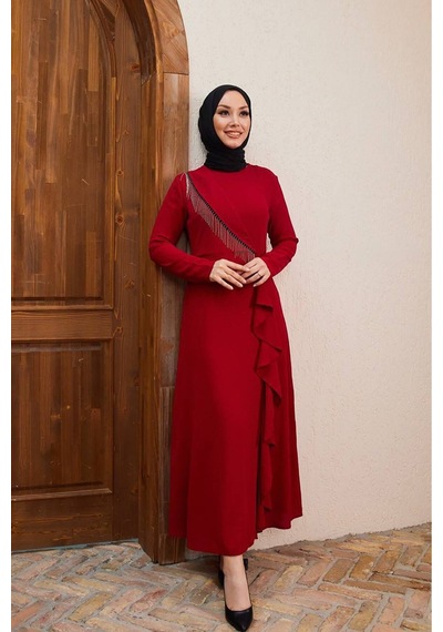 Neşeli Butik Kadın Zincir Detaylı İthal Kumaş Tesettür Elbise Sms029 Bordo