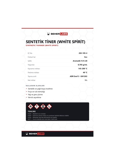 Beherlabs Sentetik Tiner White Spirit 5 L