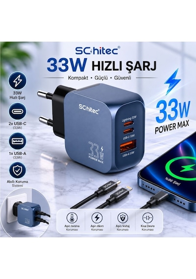 Schitec 33w Gan 3 Portlu Hızlı Şarj Adaptörü Usb-c + Usb-a + Lightning 1m Kablolu Set Siyah Q5