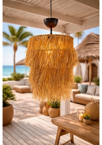 Hasır Avize 45x30 Cm 2 Katlı Bohem Doğal El Yapımı Cafe & Salon Led Uyumlu SARI