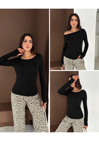 Elaxi Kadın Kayık Yaka Parmak Geçmeli Uzun Kollu Full Likralı Pamuk Viskon Buzzy Body Tişort Siyah Elaxi Kadın Kayık Yaka Parmak Geçmeli Uzun Kollu Full Likralı Pamuk Viskon Buzzy Body Tişort Siyah