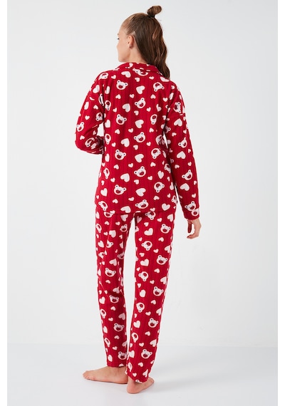 Lela Standart Fit Düğmeli Polarlı Bayan Pijama Takımı 6095617 Kırmızı
