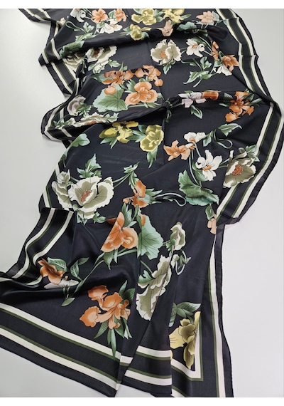 Miorel Scarfs Yeni Sezon Çiçek Desen Vual İpek Şal Fular Silk Scarfs Shawl Hijab Siyah