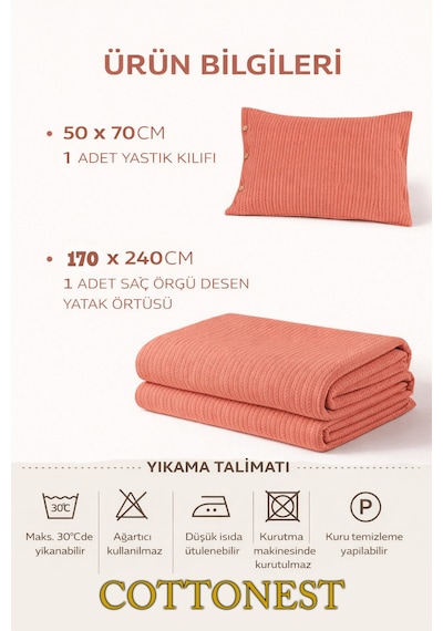 Tek Kişilik Örgü Desen Pike Yatak Örtüsü Seti 160x230 Cm Pike 50x70 Cm Yastık Kiremit