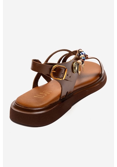 Luvishoes Hush Taba Hakiki Deri Boncuklu Kadın Parmak Arası Sandalet