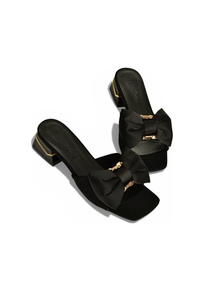 Fox Shoes Y820780504 Siyah Kumaş Kalın Topuklu Kurdele Detaylı Kadın Terlik Siyah