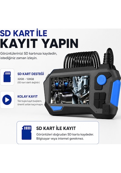 10 Metre 355 Derece Döner Başlıklı Ekranlı Ptz Kayıt Yapabilen Endoskop Yılan Kamera