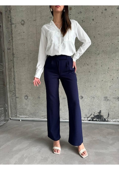 Ribana Classic Beli Cırtcırtlı Likralı Krep Pantolon Lacivert