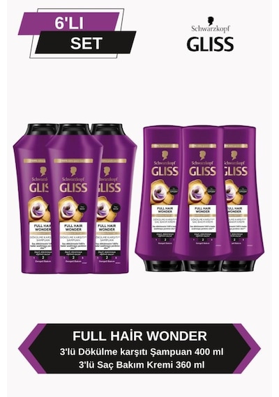 Gliss Full Hair Wonder Dökülme Karşıtı Şampuan 400ml X 3 + Saç Kremi 360ml X 3 set-hnkl-5223-6365 Tüm Saçlar
