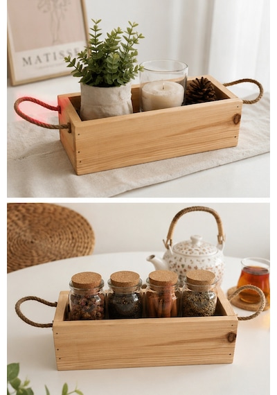 Çok Amaçlı Ahşap Dekoratif Düzenleyici Sepet 30x14 Cm Doğal Çam Ağacı Jüt İp Kulplu