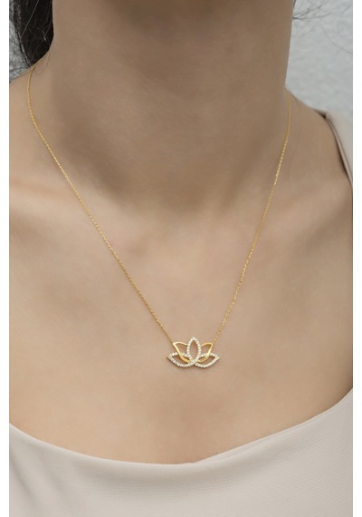 Nereze 925 Ayar Gümüş Gold Zirkon Taşlı Lotus Çiçeği Kolye