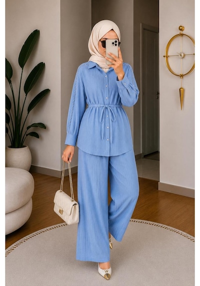 Hira Life Fashion Kadın Kolu Taş Detaylı Bel Bağlamalı Salaş Keten Gömlek Pantolon İki 'li Şık Takım Mavi Mavi Hira Life Fashion Kadın Kolu Taş Detaylı Bel Bağlamalı Salaş Keten Gömlek Pantolon İki 'li Şık Takım Mavi Mavi